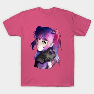 Witch enchantress with purple hair and a black kitten T-Shirt